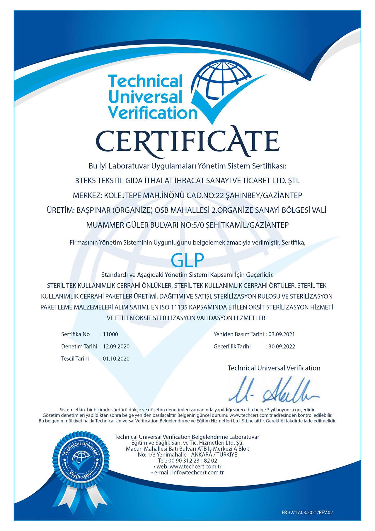 GLP İyi Laboratuvar Uygulamaları Yönetim Sistem Sertifikası